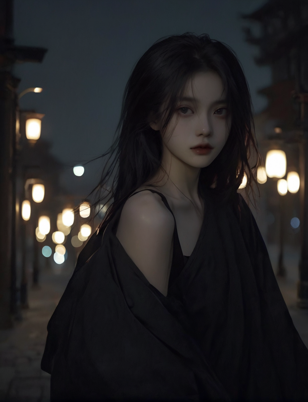 03495-3044867888-solo,realistic,lips,black hair,collarbone,closed mouth,Beside the outdoor street,the dim light of the street lamps at night shin.png